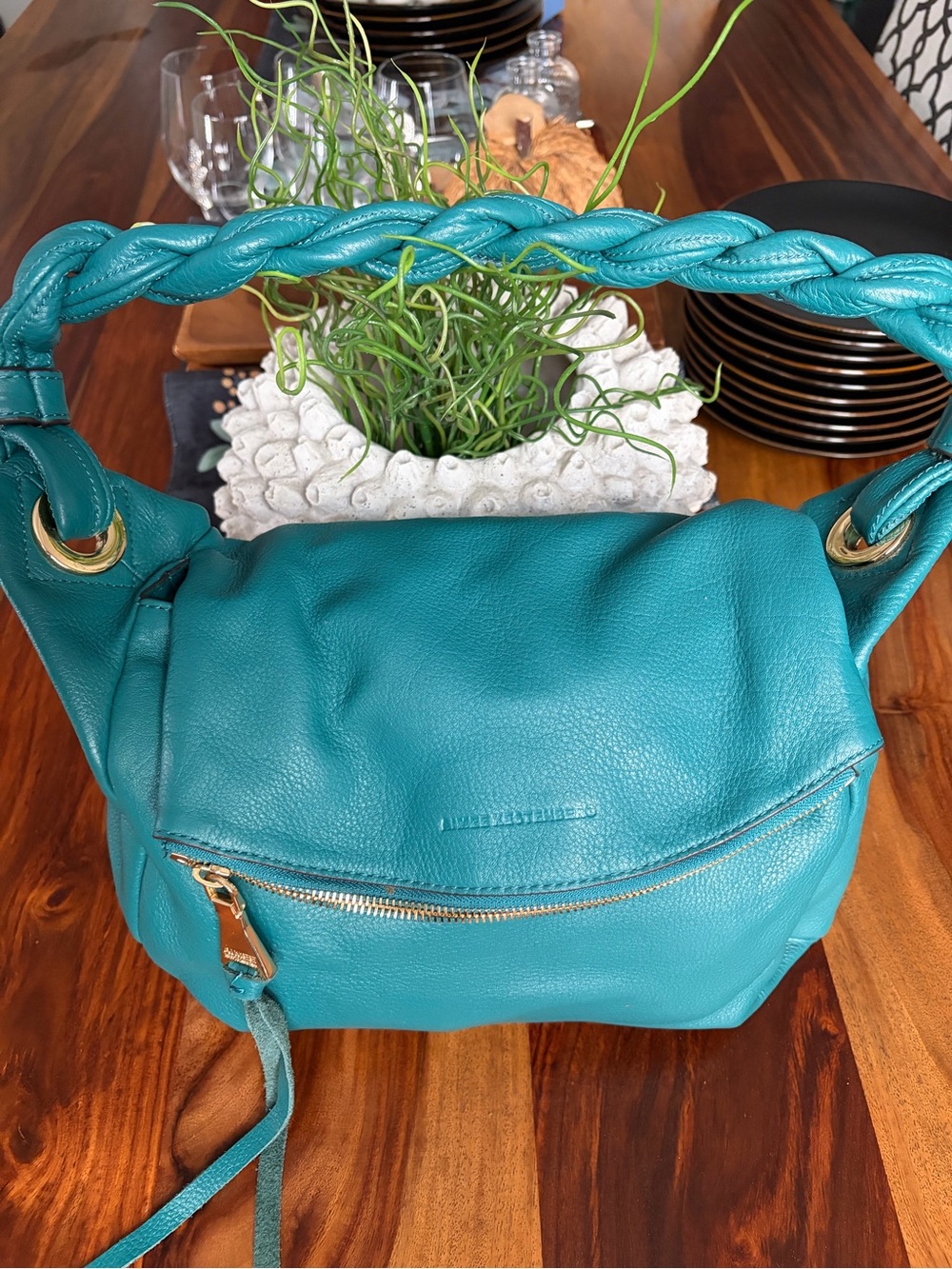 Aimee Kestenberg Teal Braided-Handle Leather Shoulder Bag